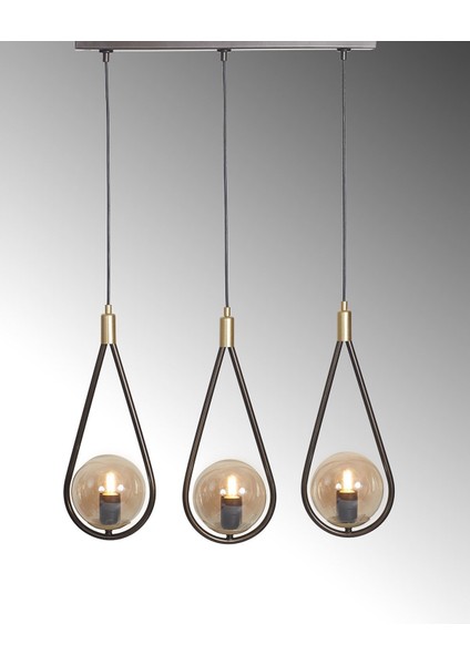 Şık 3'lü Sarı-Eskitme Metal Avize, Bal Rengi Cam Detaylarıyla Modern Tasarım indirimleri