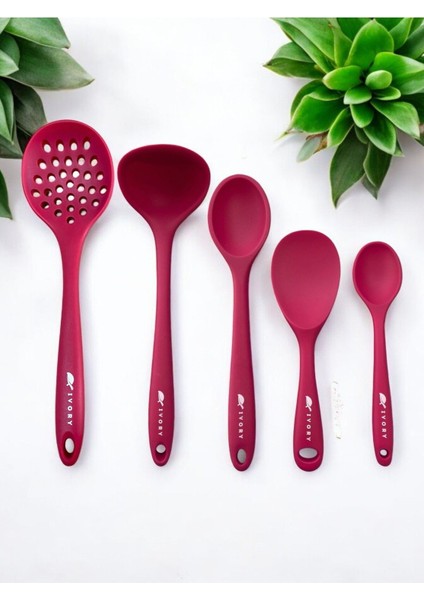 Isıya Dayanıklı Silikon Kepçe ve Kaşık Seti 5 Prç, Renkli, Dayanıklı ve Kullanışlı