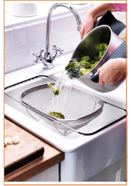 Ayarlanabilir Kulplu Metal Süzgeç 34X23 Cm, Dayanıklı ve Kullanışlı Evye Süzgeci fırsatları