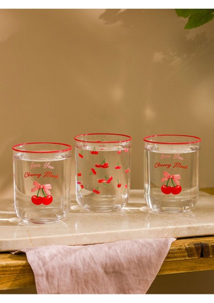 Karişik Kiraz Desenli Cam Su Bardağı Seti, 3'lü, 350 Ml, Şeffaf Tasarım