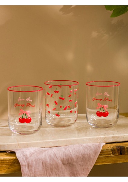 Karişik Kiraz Desenli Cam Su Bardağı Seti, 3'lü, 350 Ml, Şeffaf Tasarım fiyatları