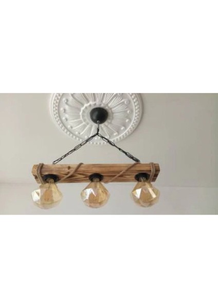 Rustik 3'lü Ahşap Avize, Halat Detaylı, Şık ve Doğal Aydınlatma Seçeneği