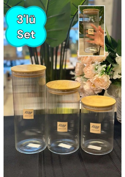Bambu Kapaklı 3'lü Cam Kavanoz Seti, Baharat ve Erzak Saklama, Dayanıklı KW-120