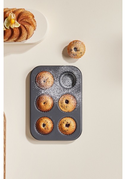 Gri 6'lı Karbon Çelik Muffin ve Kek Kalıbı, Dayanıklı ve Şık Tasarım