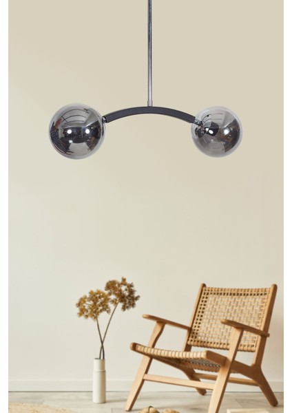 Modern Şık 2'li Krom ve Füme Camlı Metal Avize, Zarif Dekorasyon Parçası