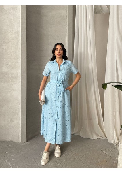 Pamuk Fisto Çiçek Desenli Cep ve Kemer Detaylı Astarlı Elbise