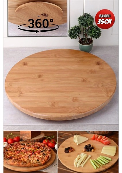 Kalın Bambu Döner Sunumluk, 360° Dönebilen, Kahverengi, Şık ve Kullanışlı