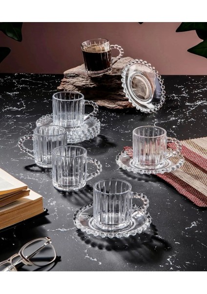 6 Kişilik Turuncu Cam Kahve Fincan Takımı, Lüx ve Boncuklu Tasarım