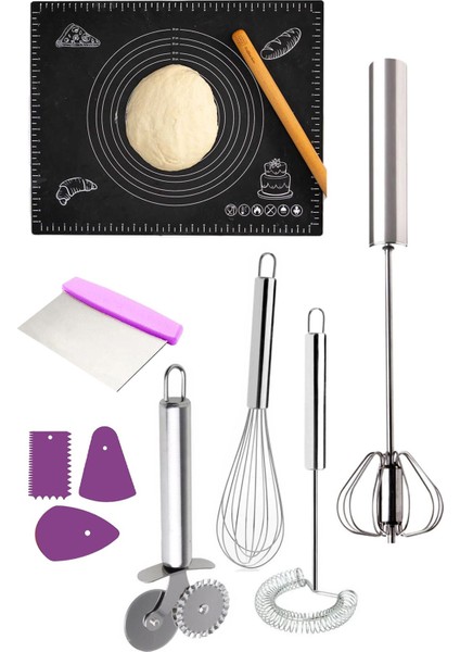 9 Parça Silikon Hamur Açma Matı ve Pratik Çırpıcı Seti, Kolay ve Eğlenceli Kullanım