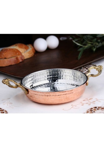 El Yapımı Dövme Bakır Sahan, 16CM, Kalaylı, Çift Kulp