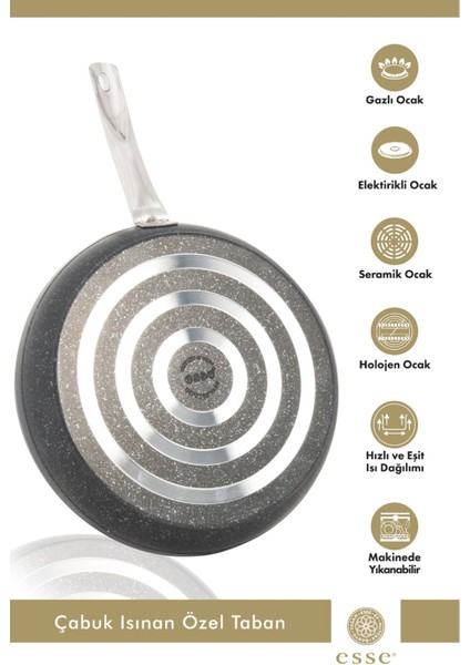 28 cm Yanmaz ve Yapışmaz Granit Tava, Şık Gri-Siyah Renk Seçeneği