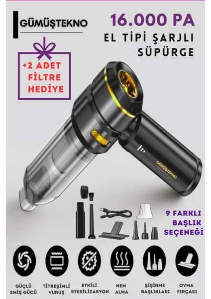 16.000PA Güçlü El Tipi Şarjlı Araç Süpürgesi 9 Başlıklı Güçlü Çekme Üfleme Özelliği Mini Süpürge Fan fiyatları