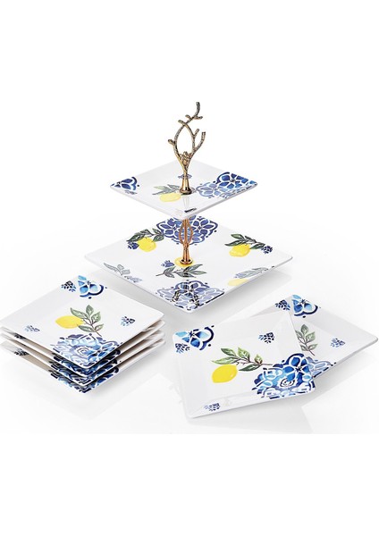 Renkli Seramik Ikram Seti, Çift Katlı Sunum ve Tatlı Tabağı, Kurabiyelik