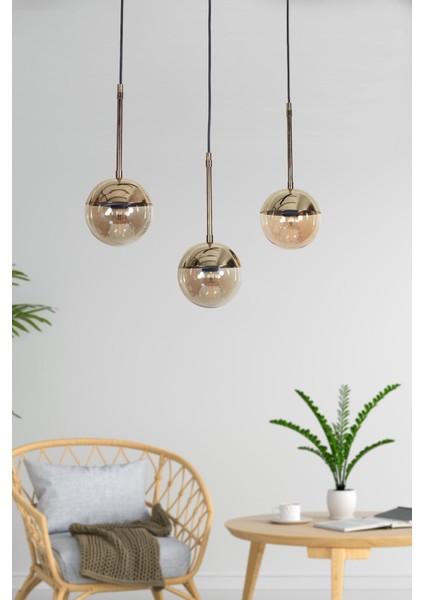 Şık 3'lü Altın ve Siyah Metal Gövde Camlı Lüx Sarkıt Avize