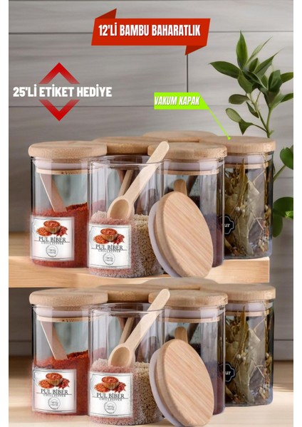12'li Cam Vakumlu Bambu Kapaklı 200 ml Baharat ve Saklama Kabı Seti