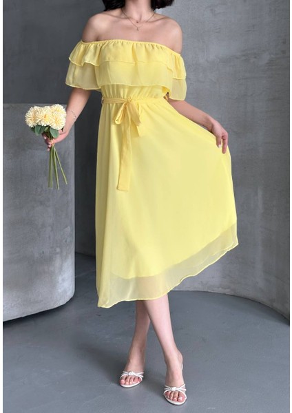 Şifon Astarlı Madonna Yaka Elbise modelleri