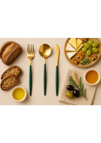 Yeşil Paslanmaz Çelik 18 Parça 6 Kişilik Çatal Bıçak Kaşık Seti