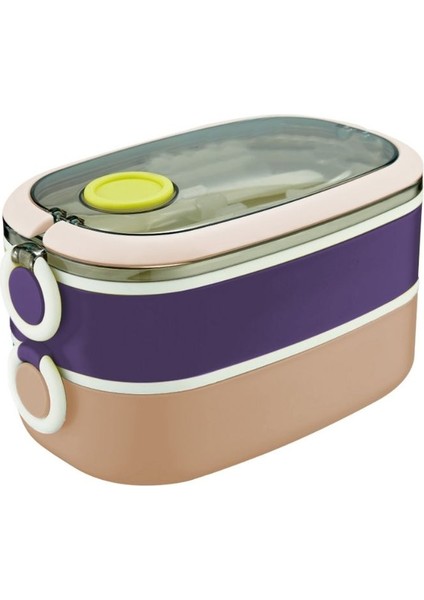 Renkli 2 Katlı Metal Beslenme Kutusu, 1.3 Litre, Çatallı ve Kaşıklı