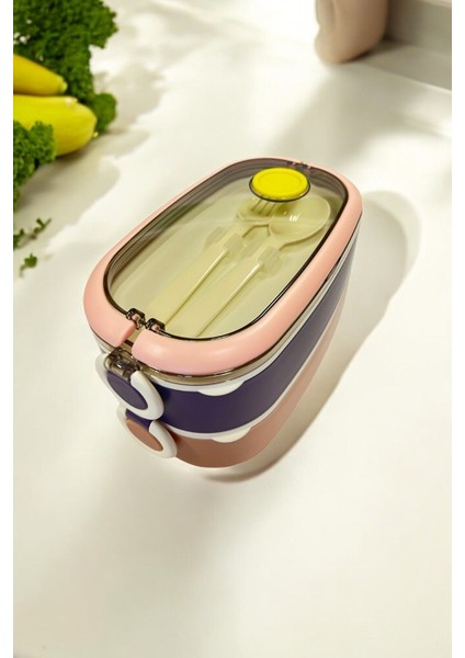 Renkli 2 Katlı Metal Beslenme Kutusu, 1.3 Litre, Çatallı ve Kaşıklı modelleri