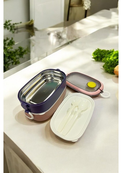 Renkli 2 Katlı Metal Beslenme Kutusu, 1.3 Litre, Çatallı ve Kaşıklı