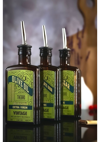 250ML Ahşap Stantlı Amber Vintage Serisi Zeytinyağı, Sirke ve Nar Ekşisi Şişesi