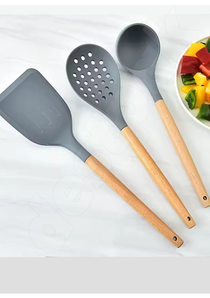 Bambu Saplı 11'li Silikon Servis Seti, Kepçe, Kevgir, Maşa, Spatula, Yanmaz fiyatları