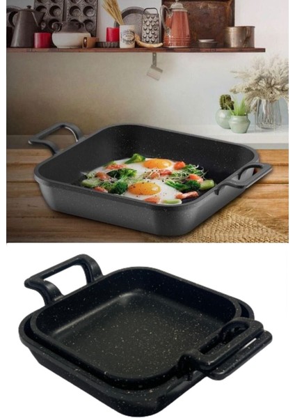Döküm Granit Kaplama Kare Sahan Seti, 20-22 Cm, Dayanıklı ve Şık Tasarım