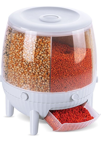 6 Bölmeli Hava Geçirmez Kuru Gıda Saklama Kabı, 6 Lt, 360° Dönebilen, Beyaz