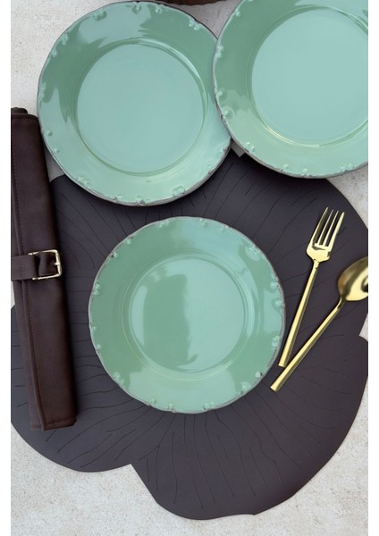 6 Kişilik 19 cm Yeşil Porselen Pasta Sunum Tabağı Takımı