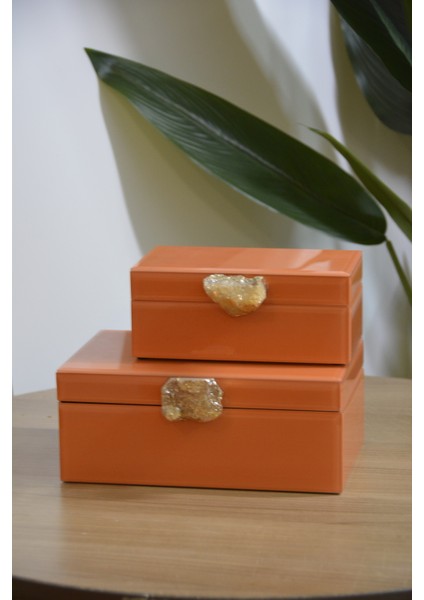 Dekoratıf Cam Kutu Doğal Taş Turuncu 12*19---16*24