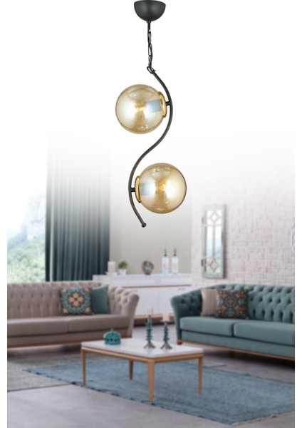 Şık 2'li Siyah Bal Glop Camlı Aşağı Bakan Lüks Avize