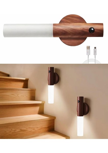 Duvar Aplik Hareket Sensörlü Gece Işıkları Iç Mekan Mıknatıslı Taşınabilir LED Şarj Edilebilir Ahşap Tasarımlı Dolap Işıkları Merdiven El Tipi Duvar Yatak Odası Koridor Mutfak (Kahverengi)