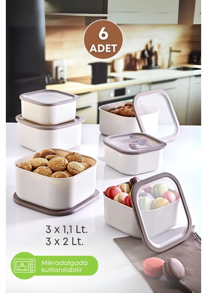 6'lı Set, Sızdırmaz, Mikrodalga Uygun, Bej Erzak Saklama Kapları, Farklı Boyutlar