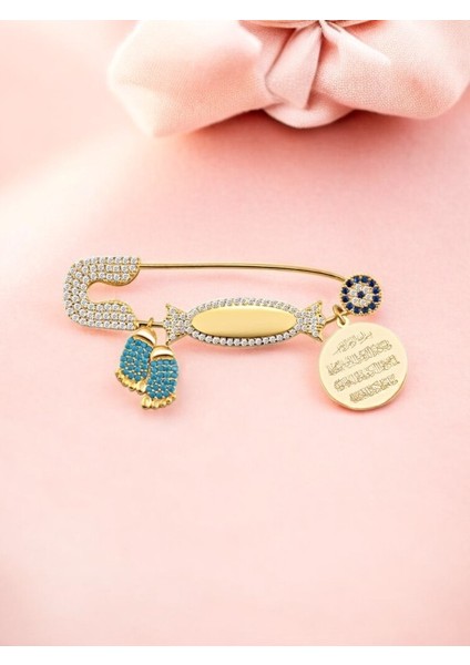 Erkek Bebek 925 Ayar Gümüş Ayetel Kürsi Dualı Şeker Motifli Isimli Yaka Iğnesi, Maşallah Bebek Iğnesi