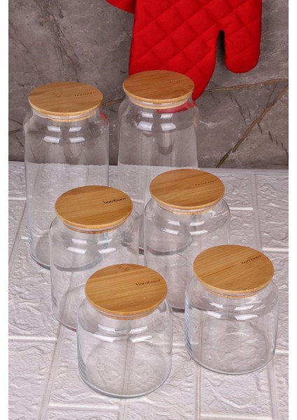 6'lı Cam Saklama Kabı Seti, Vakumlu Bambu Kapak, 600ML-800ML-1300ML