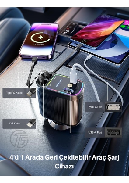 USB C Type-C Araç Şarj Aleti, 4'ü 1 Arada Hızlı Şarj Araç 66W Araç USB Çakmaklık Şarj Cihazı