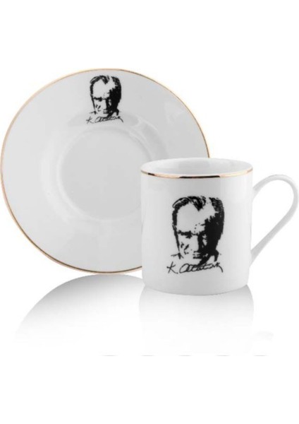 2 Kişilik Porselen Türk Kahve Fincanı Seti, Atatürk Temalı, Imzalı, Şık ve Zarif