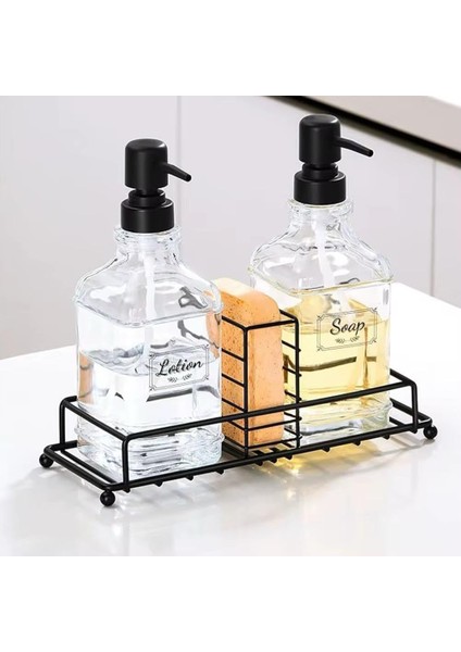 Home 2 Li Metal Standlı Cam Sıvı Sabunluk ve Losyonluk Seti - Süngerlik Hazneli Şeffaf Cam Şişe, Banyo ve Mutfak Tezgahı Için Şık ve Kullanışlı Pompalı Sıvı Sabunluk Takımı (Siyah)