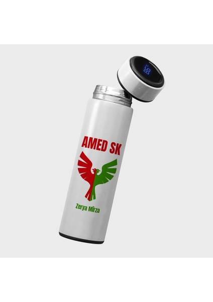 Isme Özel Logolu Dijital Göstergeli Çelik Termos 450ML Beyaz