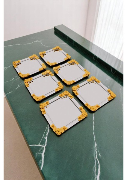 Gül ve Gold Desenli 6'lı Kahve Sunum Tepsi Seti, Krom Detaylar ile Şık ve Zarif