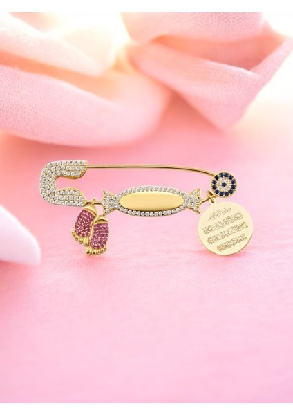 Kız Bebek 925 Ayar Gümüş Ayetel Kürsi Dualı Şeker Motifli Isimli Bebek Yaka Iğnesi, Maşallah Bebek Iğnesi Altın Kaplama