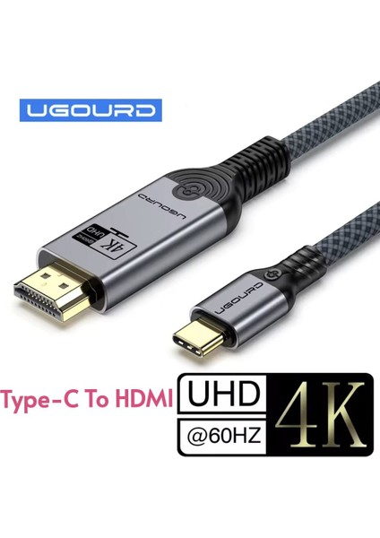 2-Metre Type-C To HDMI 4K 60Hz Ultra Full Hd CE+FCC+ROHS Lisanslı MacBook/Tablet/Telefon Hasır Örgülü Sağlam Kablo Tak Çalıştır Görüntü Aktarım Kablosu