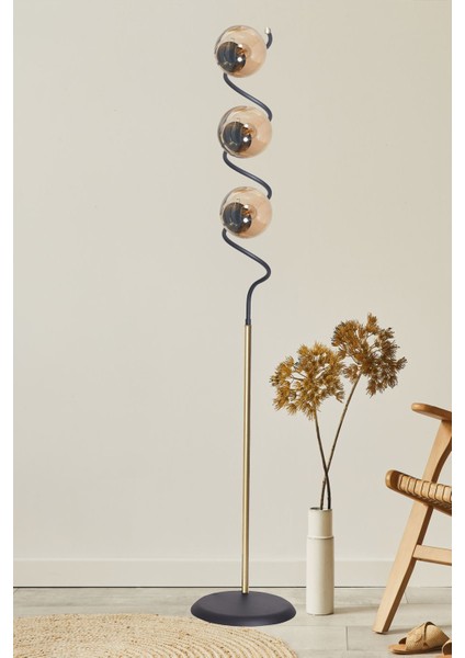 Modern Siyah-Sarı Metal Gövdeli Bal Camlı Şık Yer Lambası