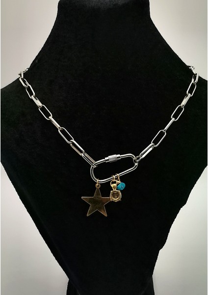 Gümüş Zincir Altın Sarısı Yıldızlı Kolye
