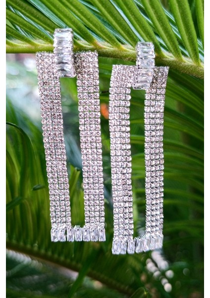 Gümüş Renk Zirkon Taşlı Lüks Abiye Küpe