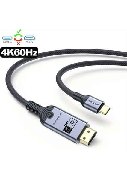 3-Metre Type-C To HDMI 4K 60Hz Ultra Full Hd CE+FCC+ROHS Lisanslı MacBook/Tablet/Telefon Tak Çalıştır Görüntü Aktarım Kablosu Hasır Örgülü Sağlam Kablo