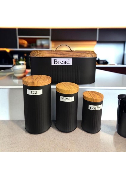 4'lü Siyah Metal Kavanoz Seti, Ekmeklik, Şekerlik, Çay ve Kahve Saklama Kabı