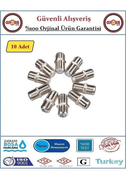 F Ara Konnektör Uydu Anten Kablo Birleştirici - Rg6 - 10 Adet