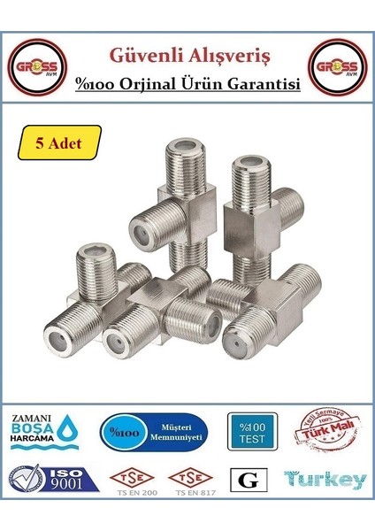 F Üçlü Konnektör Uydu Anten Kablo Dağıtıcısı - Rg6 - 5 Adet