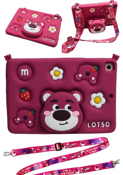 Apple Ipad 8. ve 9. Nesil 10.2 Inç Uyumlu Kılıf Lotso Ayıcık Çocuk Askılı Standlı Eğlenceli Koruyucu